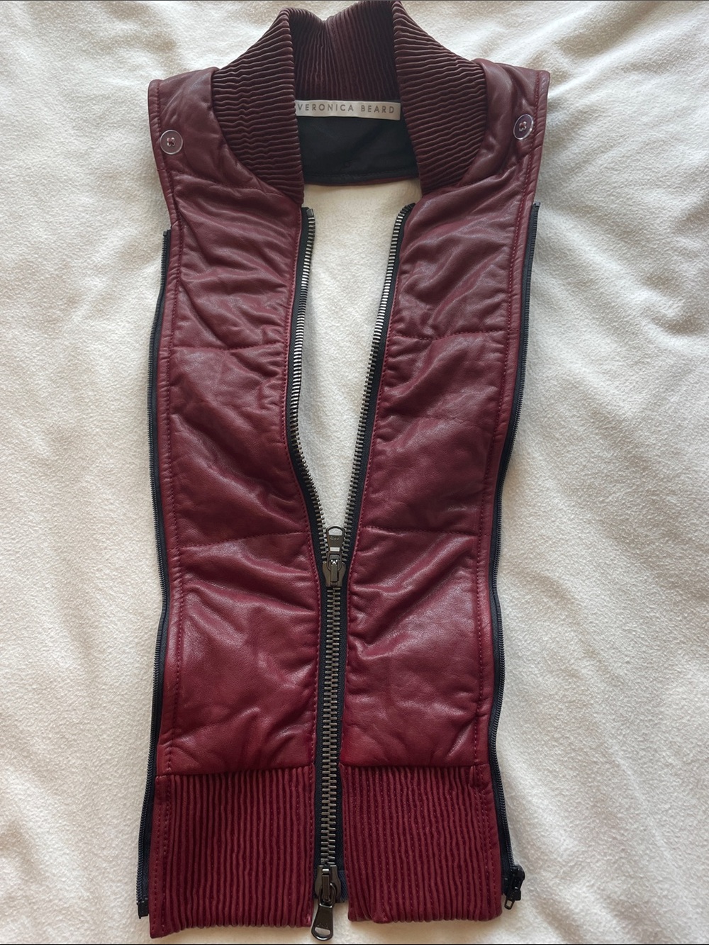 Veronica Beard Wine Lamb Leather Zip Dickey with Ribbed Trim